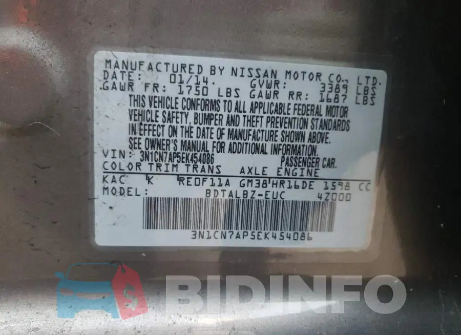 3N1CN7AP5EK454086 Photo# 12