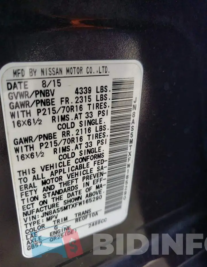 JN8AS5MTXFW165290 Photo# 13