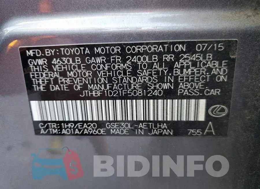 JTHBF1D21F5081240 Photo# 12