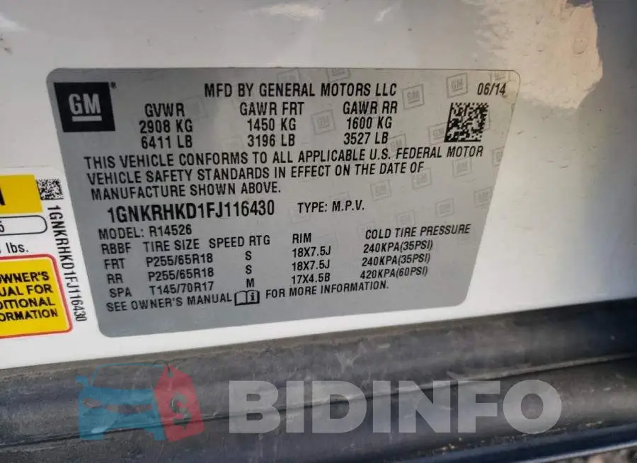 1GNKRHKD1FJ116430 Photo# 10