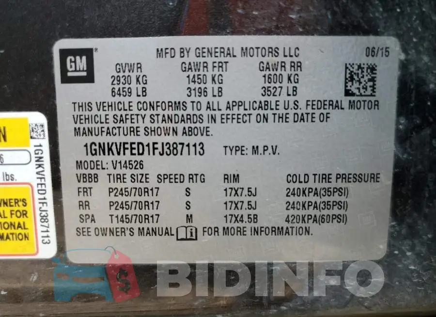 1GNKVFED1FJ387113 Photo# 10