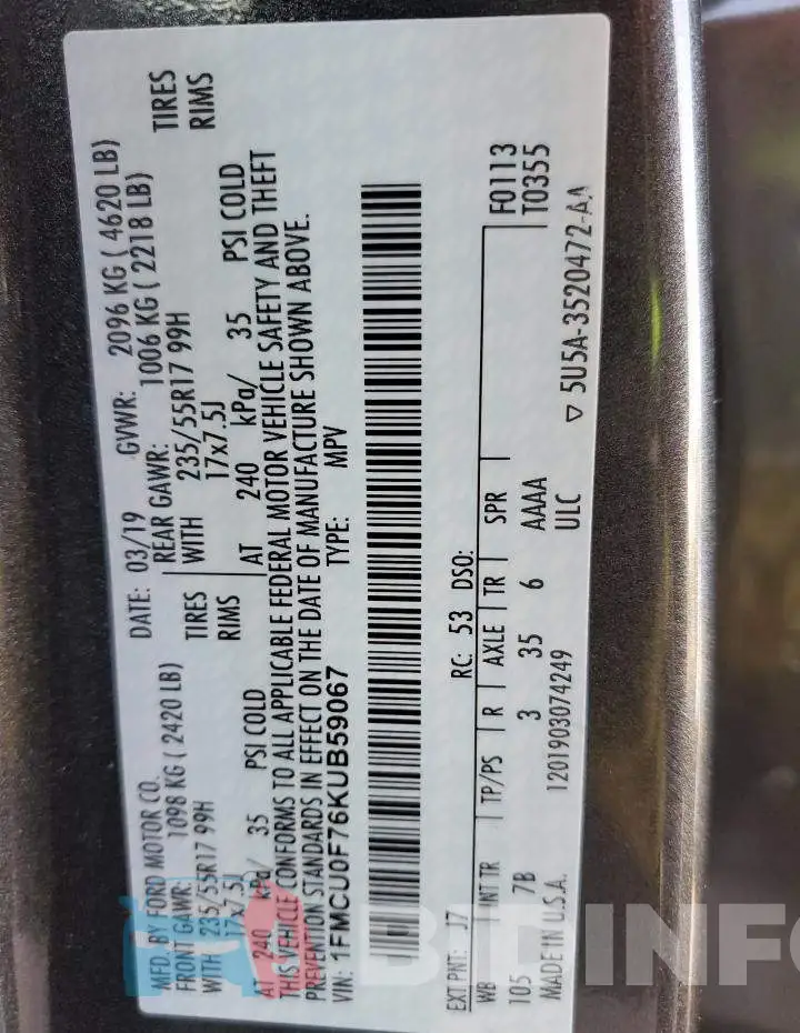 1FMCU0F76KUB59067 Photo# 10