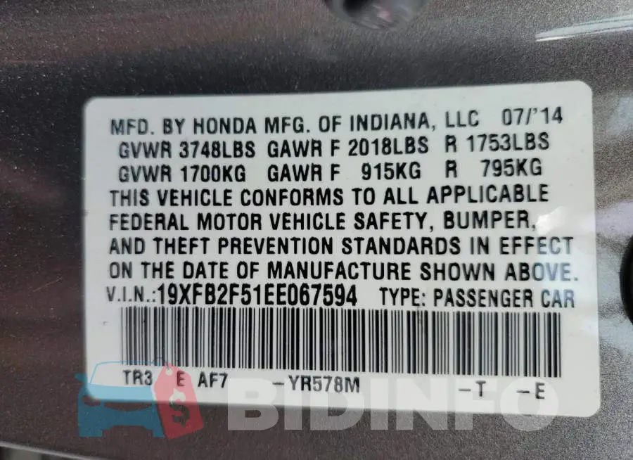 19XFB2F51EE067594 Photo# 10
