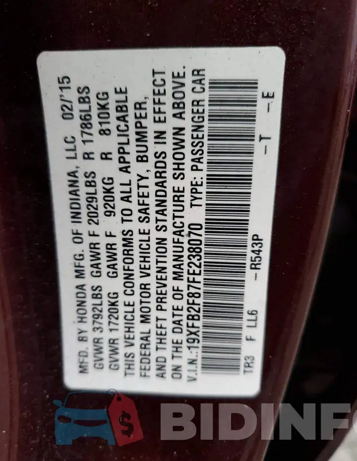 19XFB2F87FE238070 Photo# 12