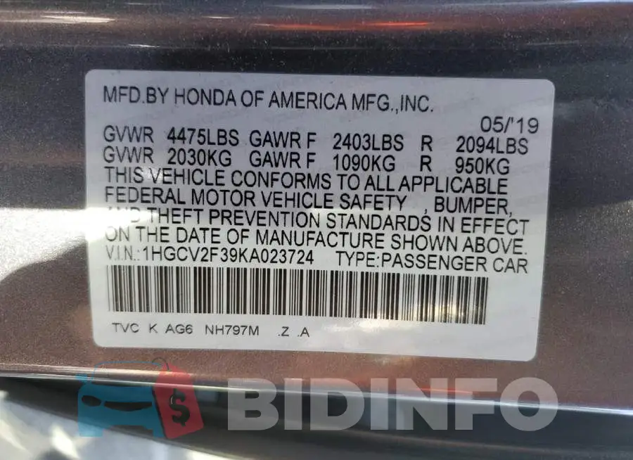 1HGCV2F39KA023724 Photo# 12