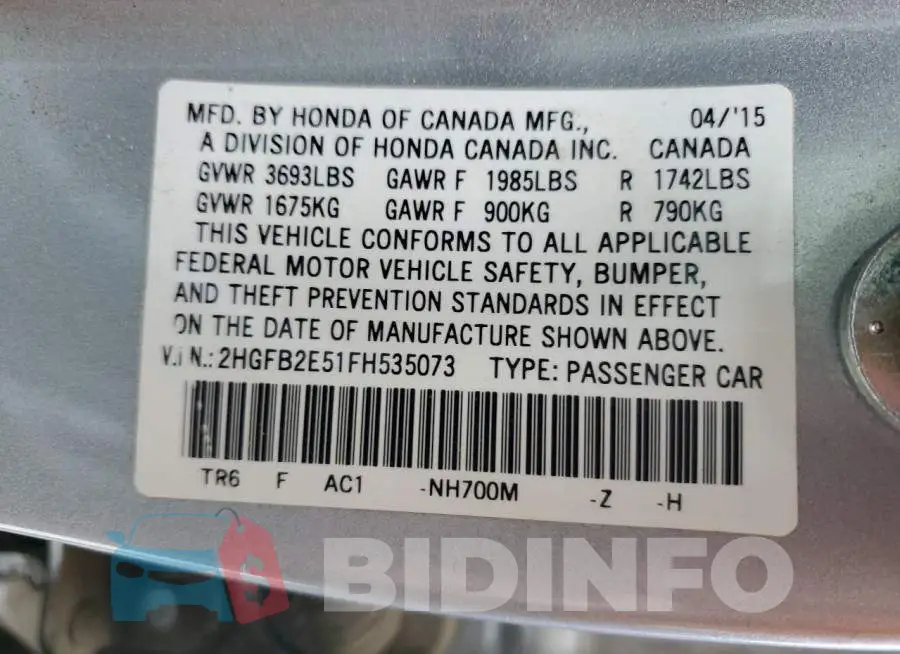 2HGFB2E51FH535073 Photo# 10