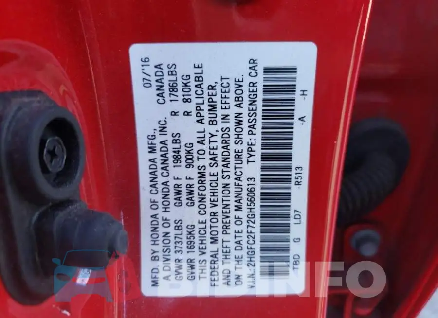 2HGFC2F72GH560613 Photo# 13