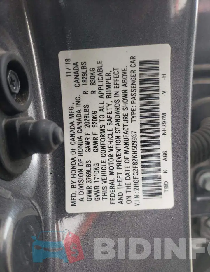 2HGFC2F82KH509937 Photo# 10