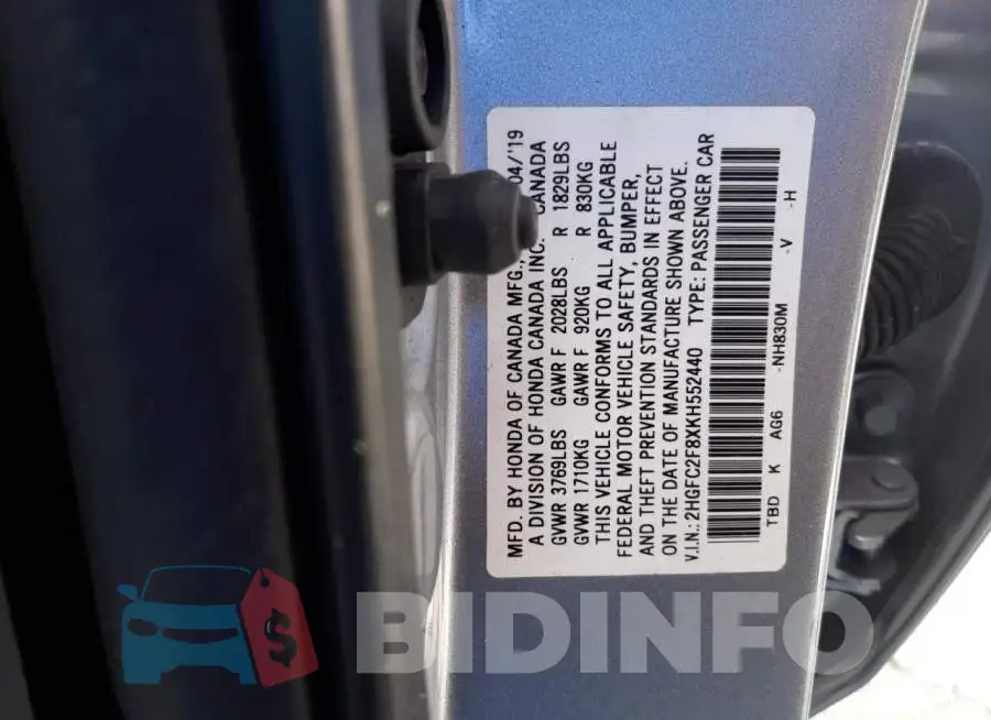2HGFC2F8XKH552440 Photo# 12