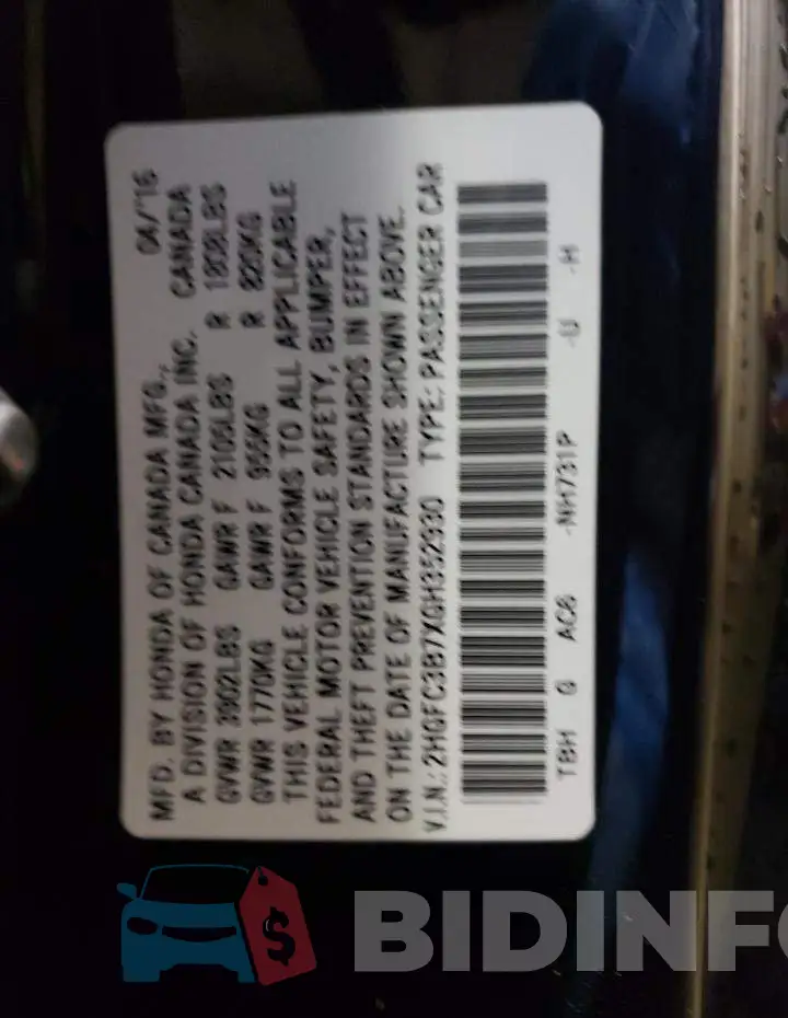 2HGFC3B7XGH352930 Photo# 13