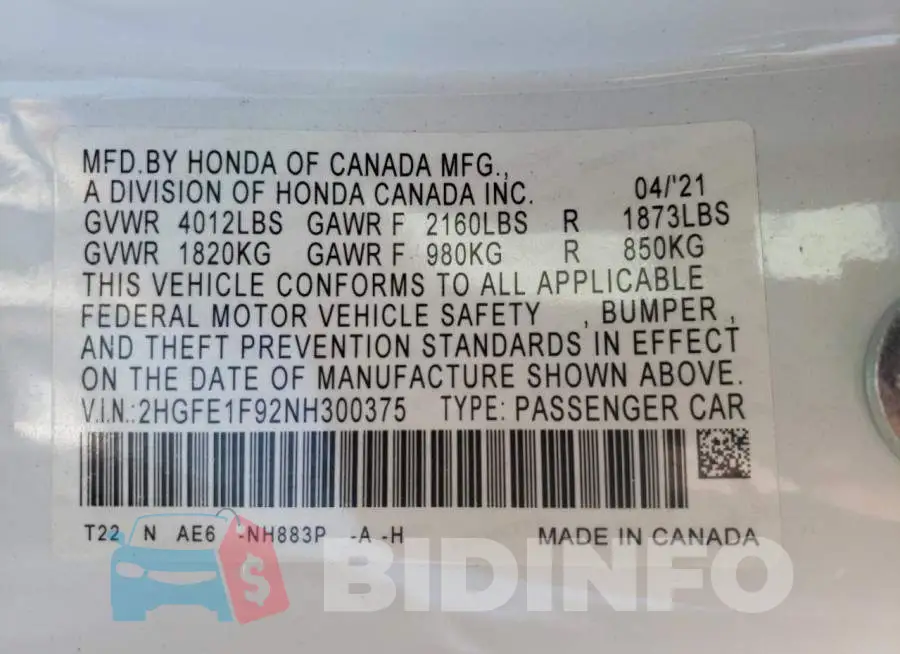 2HGFE1F92NH300375 Photo# 13