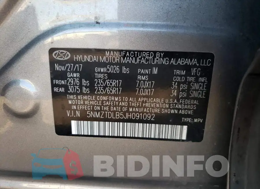5NMZTDLB5JH091092 Photo# 10