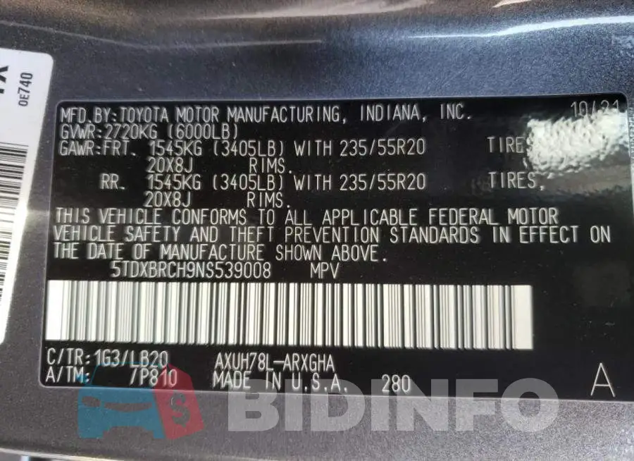 5TDXBRCH9NS539008 Photo# 10