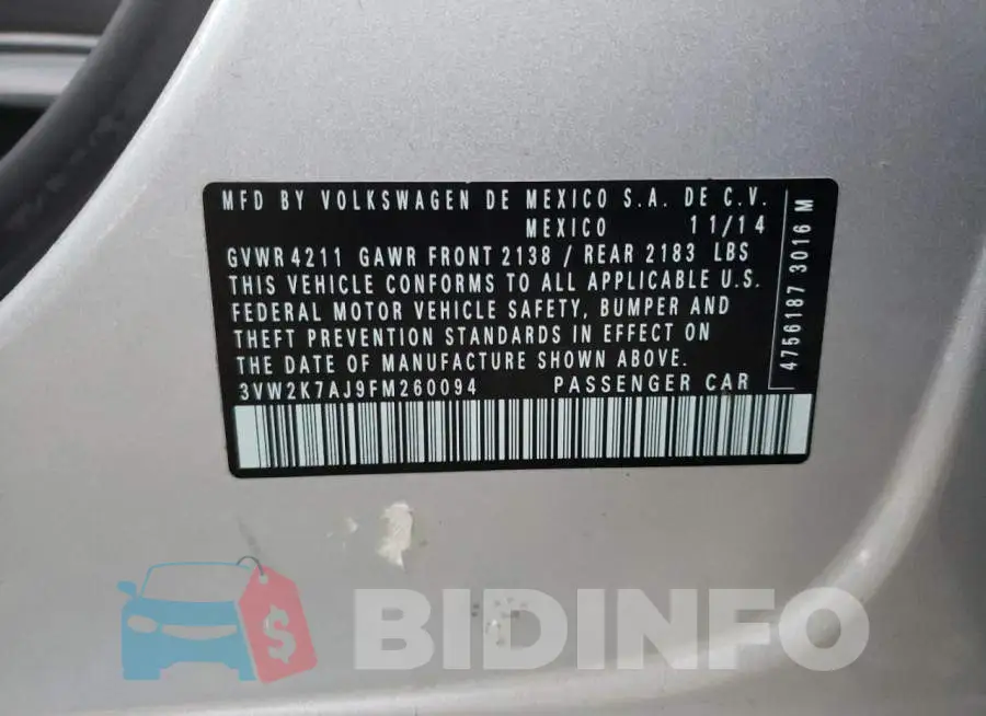 3VW2K7AJ9FM260094 Photo# 12