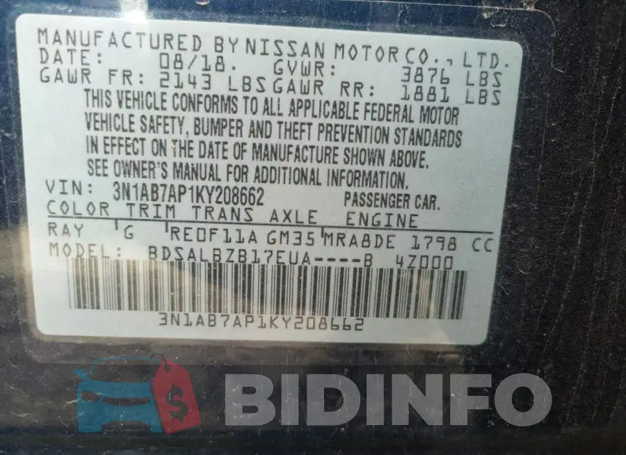 3N1AB7AP1KY208662 Photo# 12