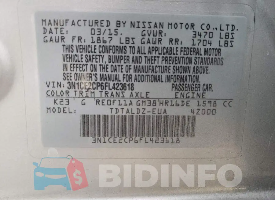3N1CE2CP6FL423618 Photo# 12