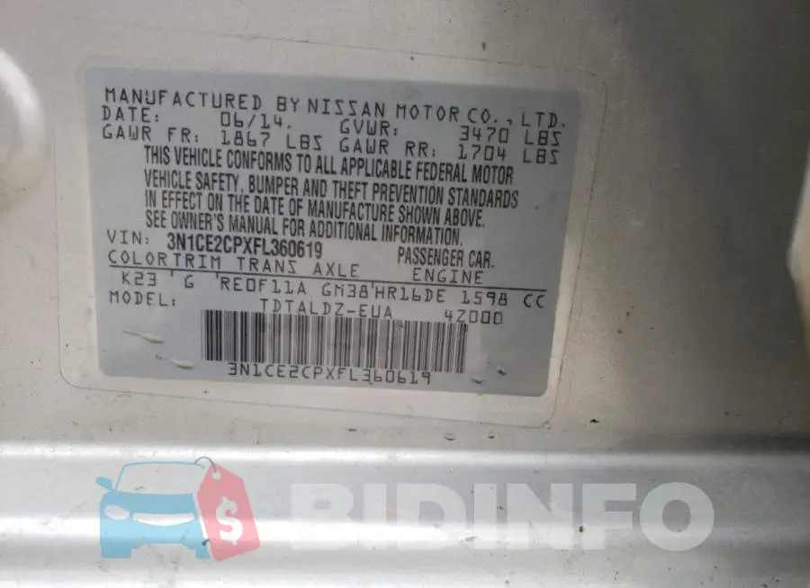 3N1CE2CPXFL360619 Photo# 12