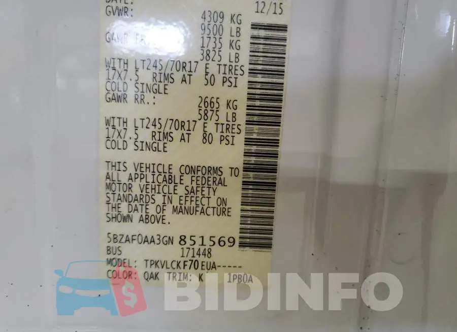 5BZAF0AA3GN851569 Photo# 13