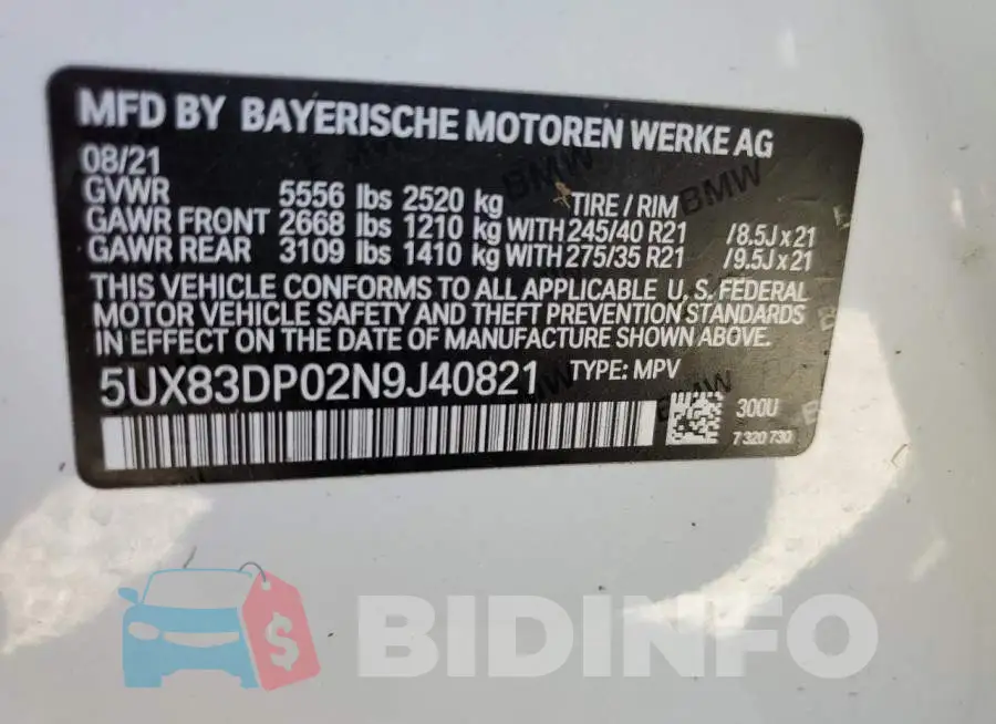 5UX83DP02N9J40821 Photo# 10