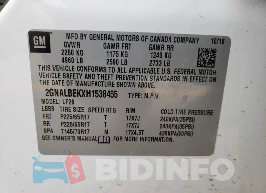 2GNALBEKXH1538455 Photo# 13