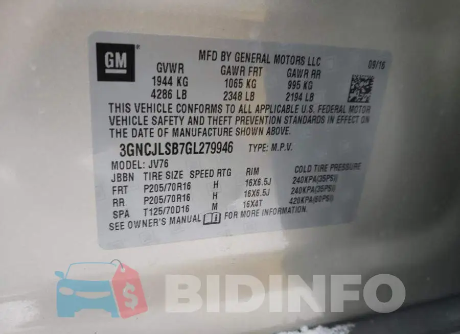3GNCJLSB7GL279946 Photo# 14