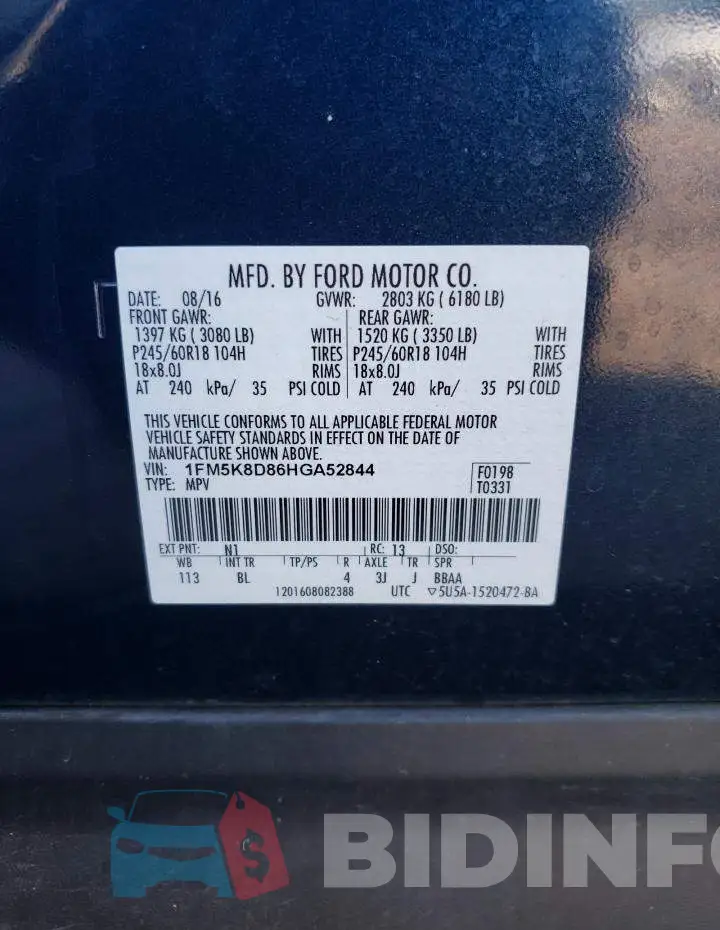 1FM5K8D86HGA52844 Photo# 14