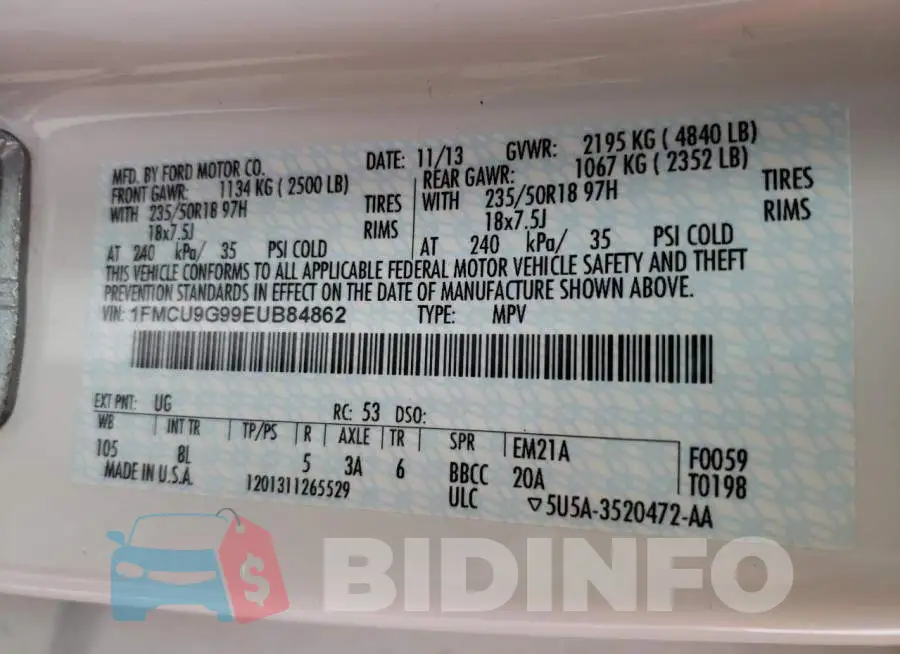 1FMCU9G99EUB84862 Photo# 13