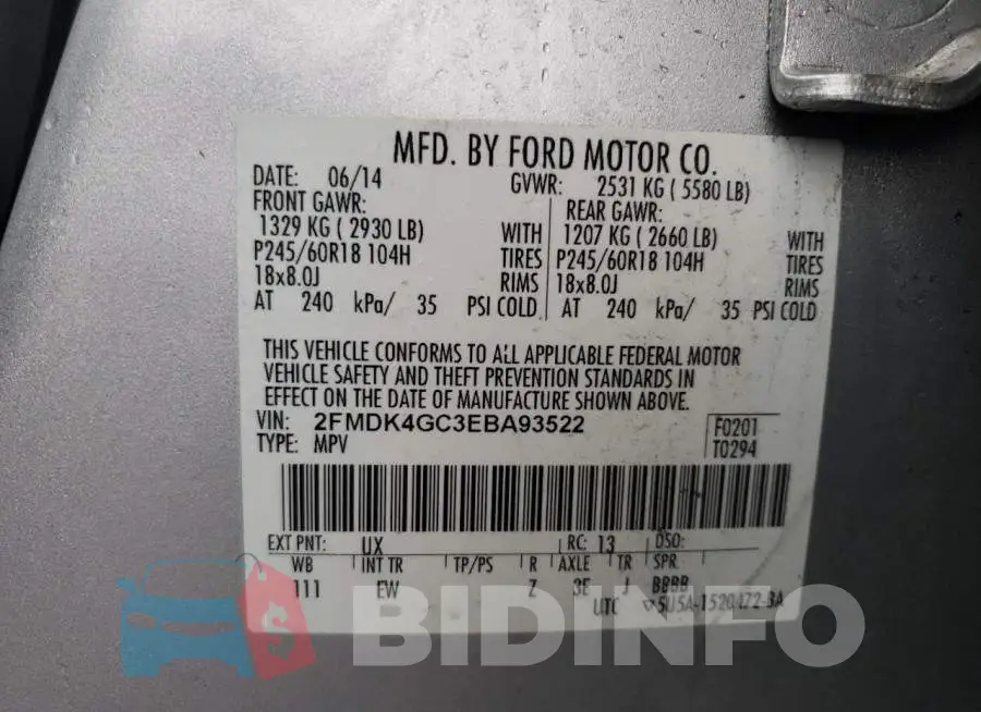 2FMDK4GC3EBA93522 Photo# 10