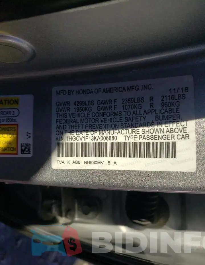 1HGCV1F13KA006880 Photo# 12