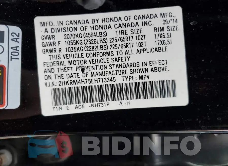 2HKRM4H75EH713345 Photo# 13