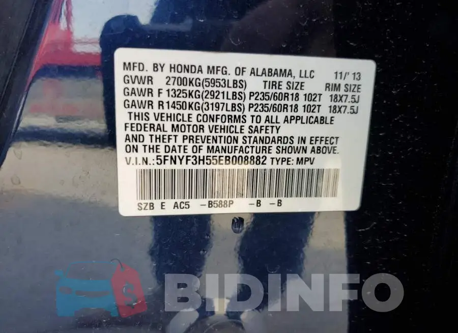 5FNYF3H55EB008882 Photo# 13