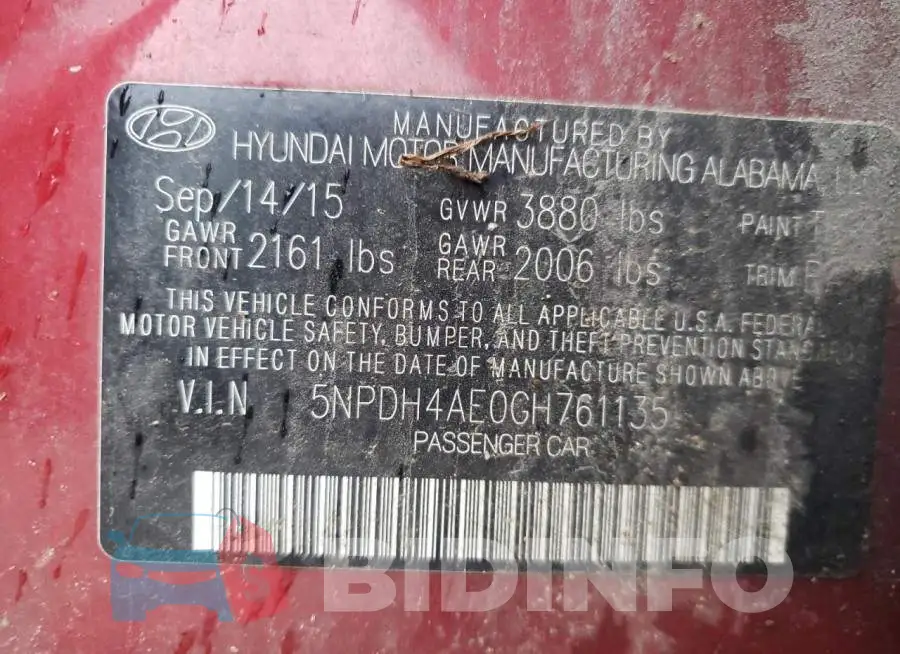 5NPDH4AE0GH761135 Photo# 12