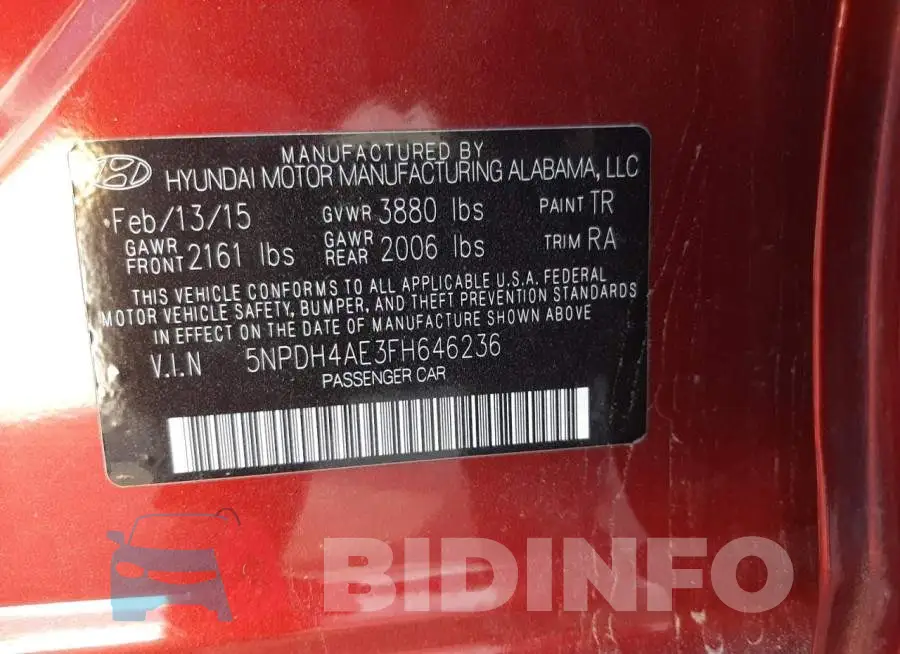 5NPDH4AE3FH646236 Photo# 10