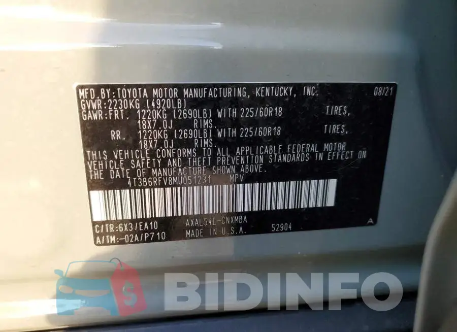 4T3B6RFV8MU051231 Photo# 10