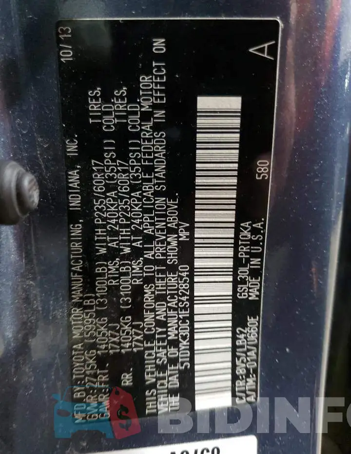 5TDYK3DC1ES428540 Photo# 13