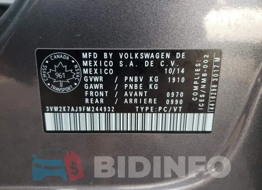 3VW2K7AJ9FM244932 Photo# 10