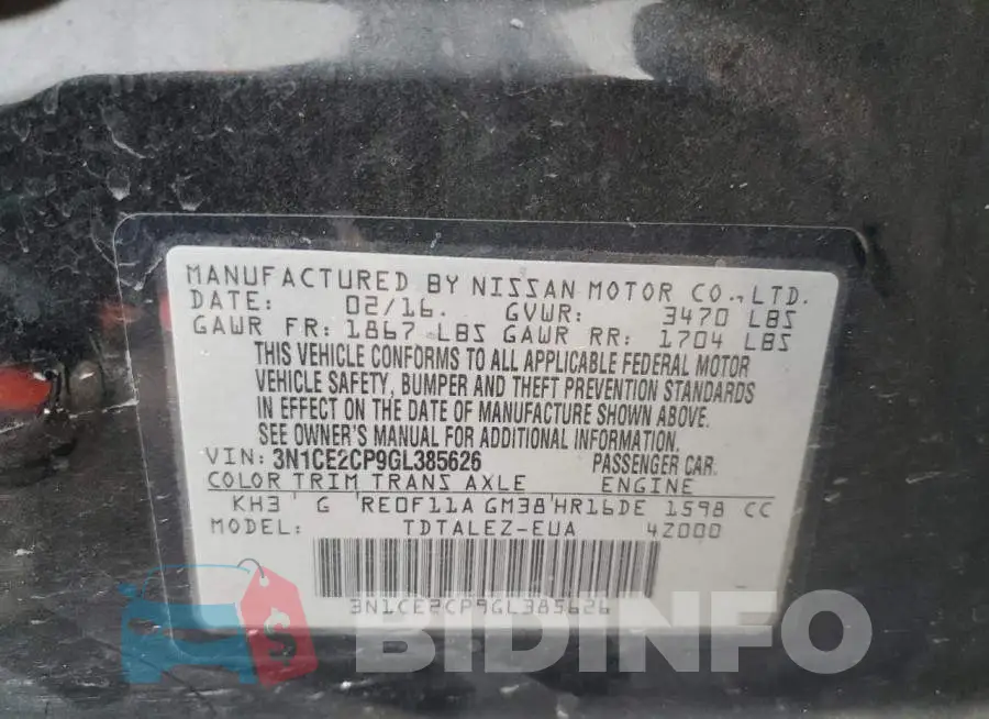 3N1CE2CP9GL385626 Photo# 13