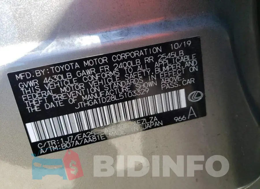 JTHGA1D28L5103329 Photo# 10