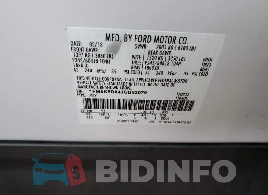 1FM5K8D84JGB83079 Photo# 14