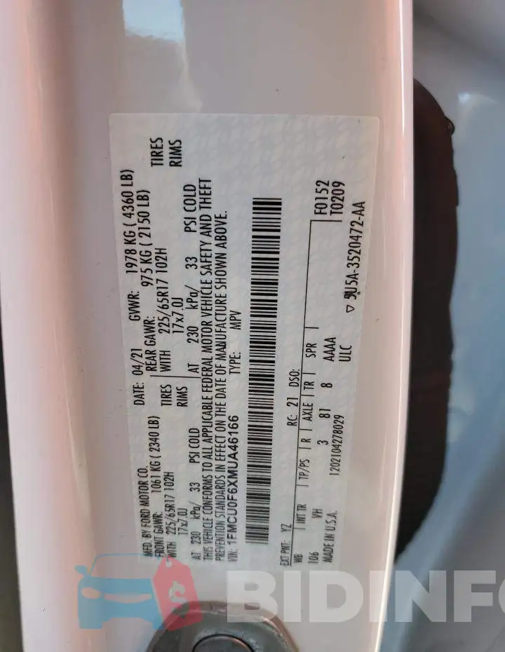 1FMCU0F6XMUA46166 Photo# 13