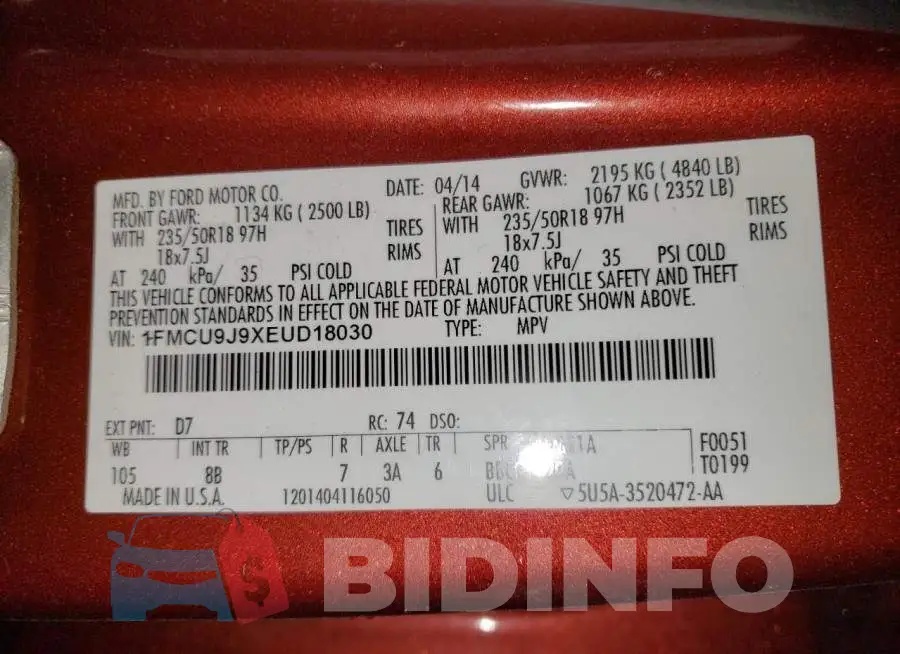 1FMCU9J9XEUD18030 Photo# 13