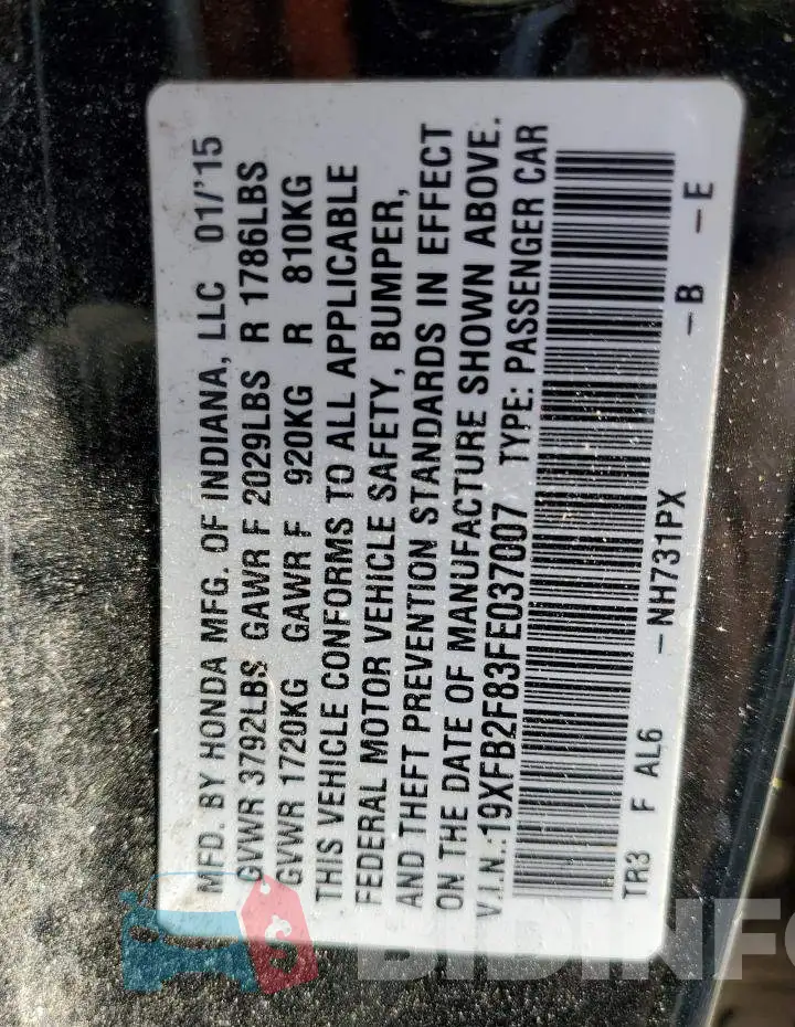 19XFB2F83FE037007 Photo# 12