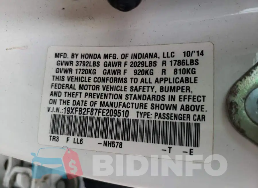 19XFB2F87FE209510 Photo# 10