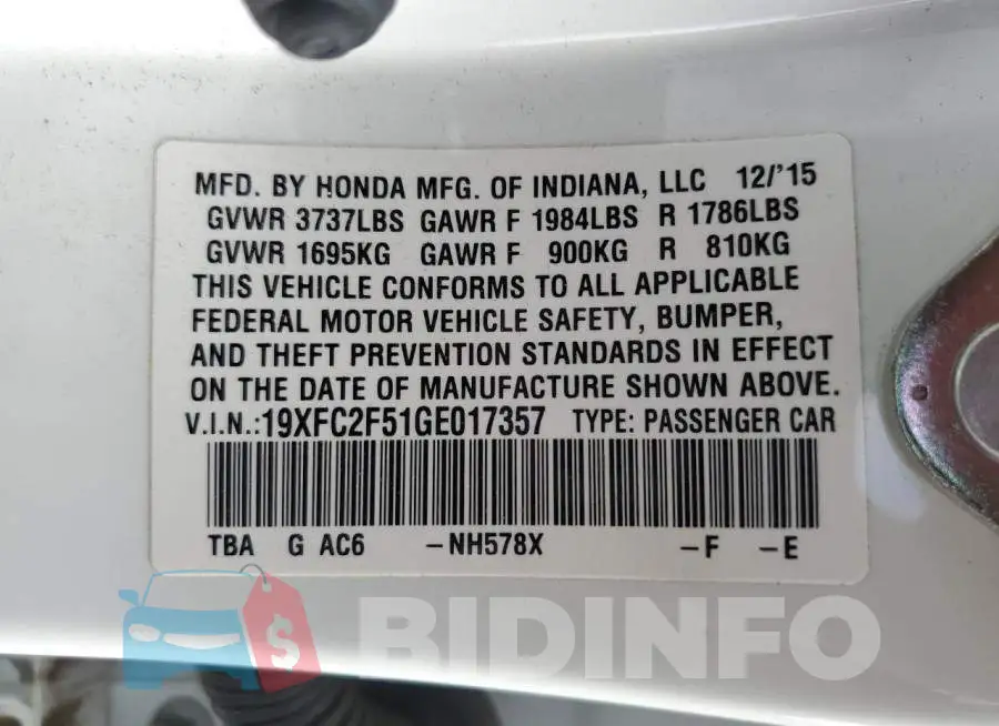 19XFC2F51GE017357 Photo# 12