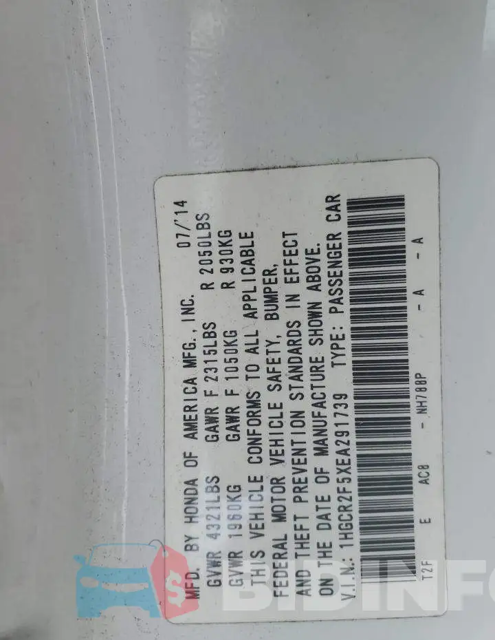 1HGCR2F5XEA291739 Photo# 12