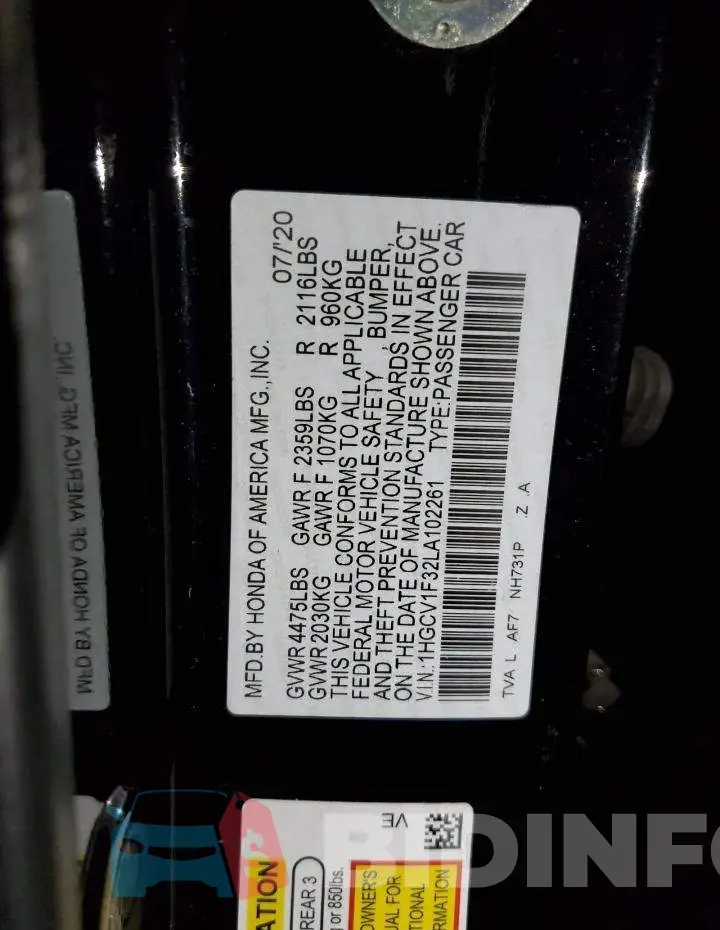 1HGCV1F32LA102261 Photo# 12