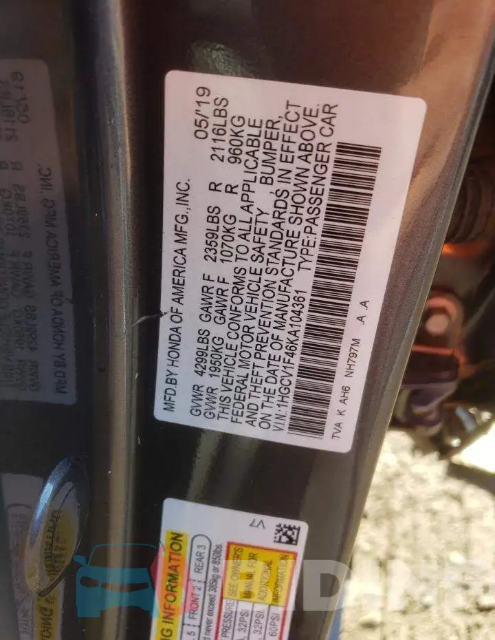 1HGCV1F46KA104361 Photo# 10