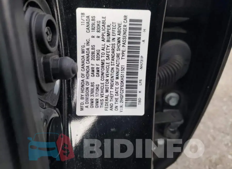 2HGFC2F65KH511521 Photo# 12