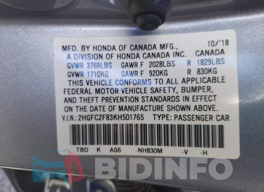 2HGFC2F83KH501765 Photo# 10