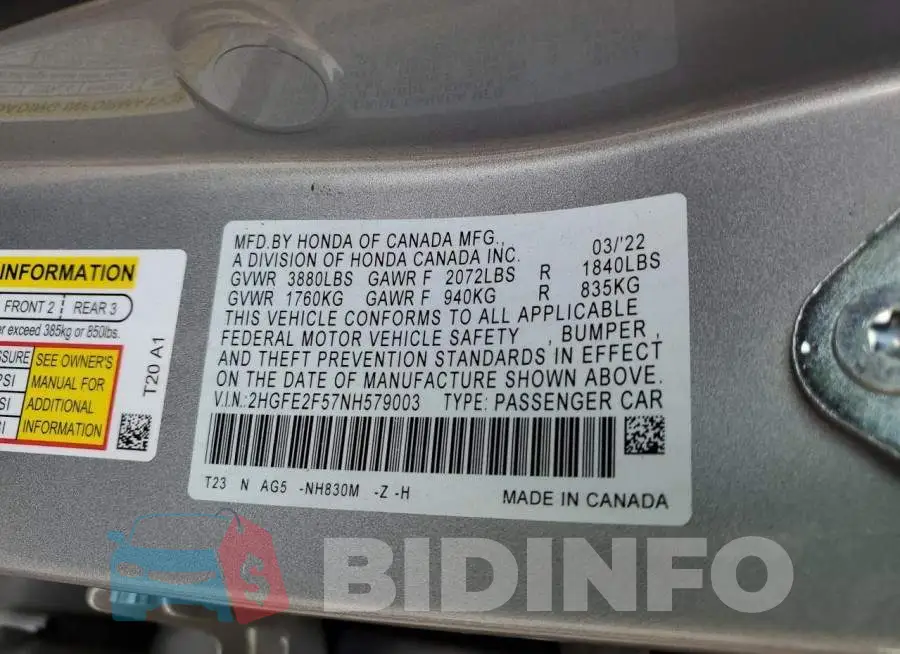 2HGFE2F57NH579003 Photo# 12